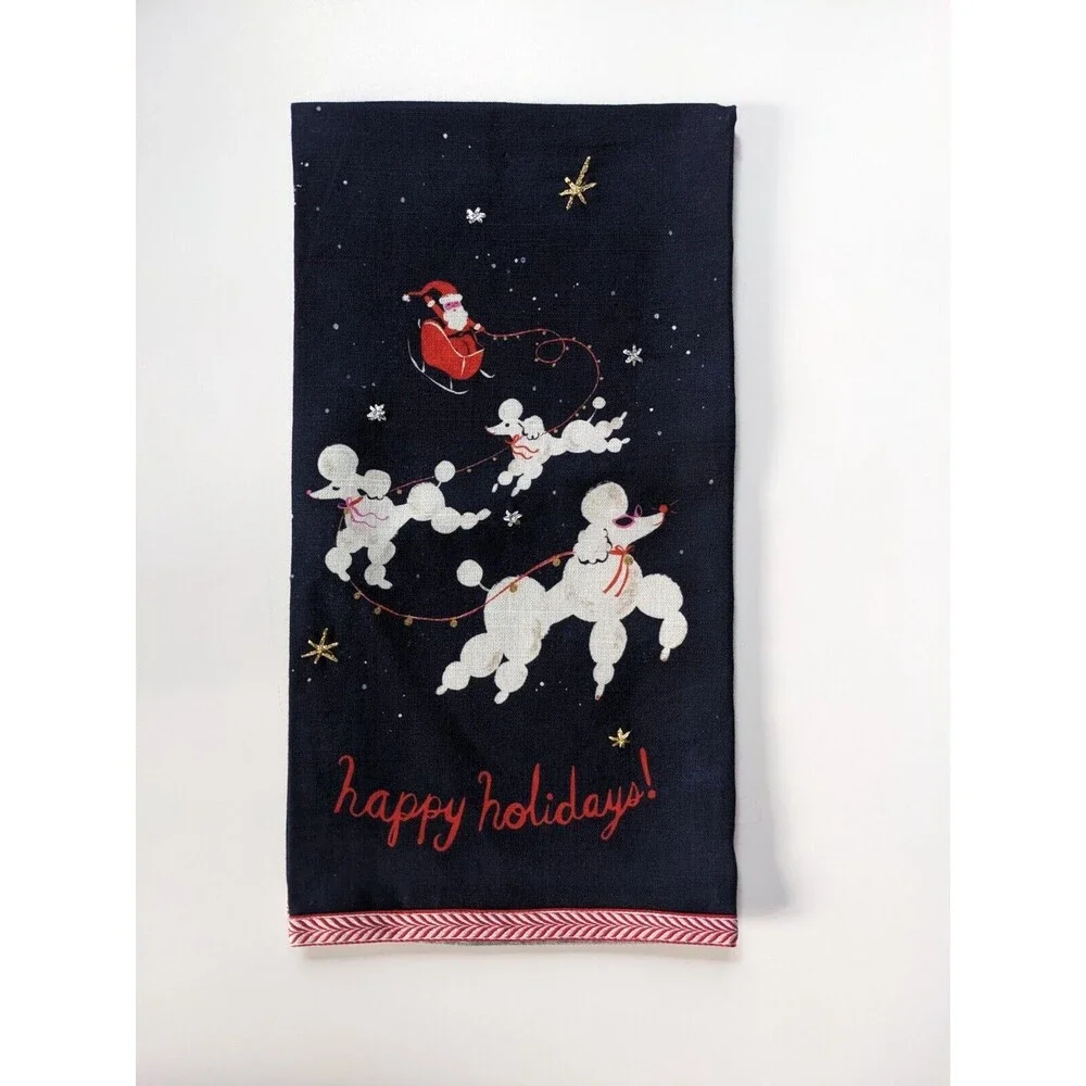 Anthropologie Louise Pretzel‎ Dashing Poodles Embroidered Christmas Dish Towel